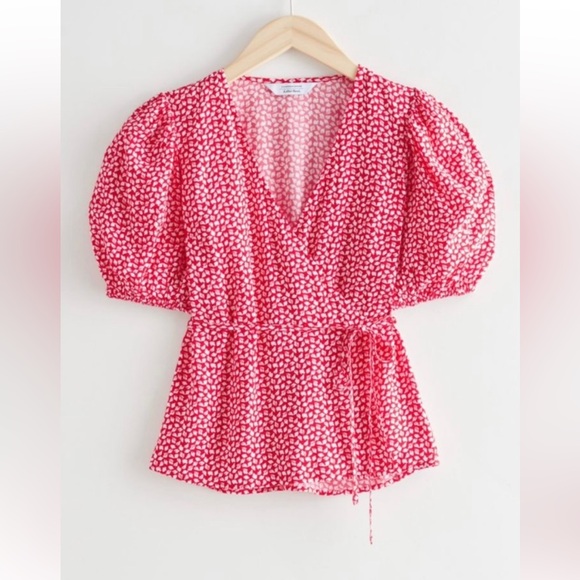 & Other Stories red wrap puff sleeve top US4 small - Picture 1 of 3